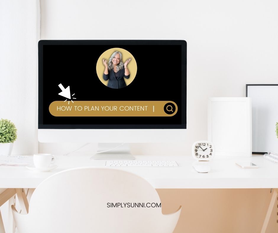 A white desk with chair and a computer screen with an image of Sunni and the title of the blog search says How to Plan Your Blog Post.