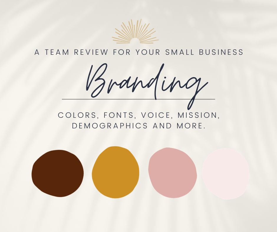 A team review branding image for small businesses including the elements of branding and a color scheme.