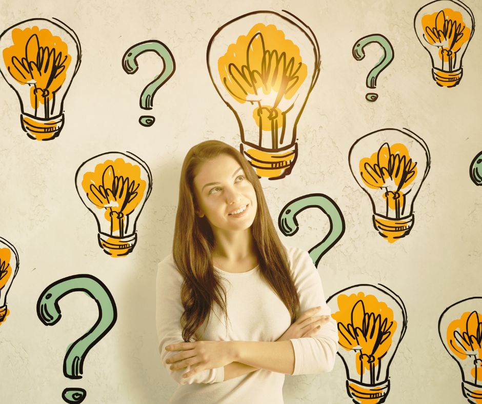 FAQ imag of a girl thinking with light bulb and question mark background.