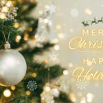 Image in gold of a Christmas tree with ornament and the heading for the article, Merry Christmas vs. Happy Holidays.