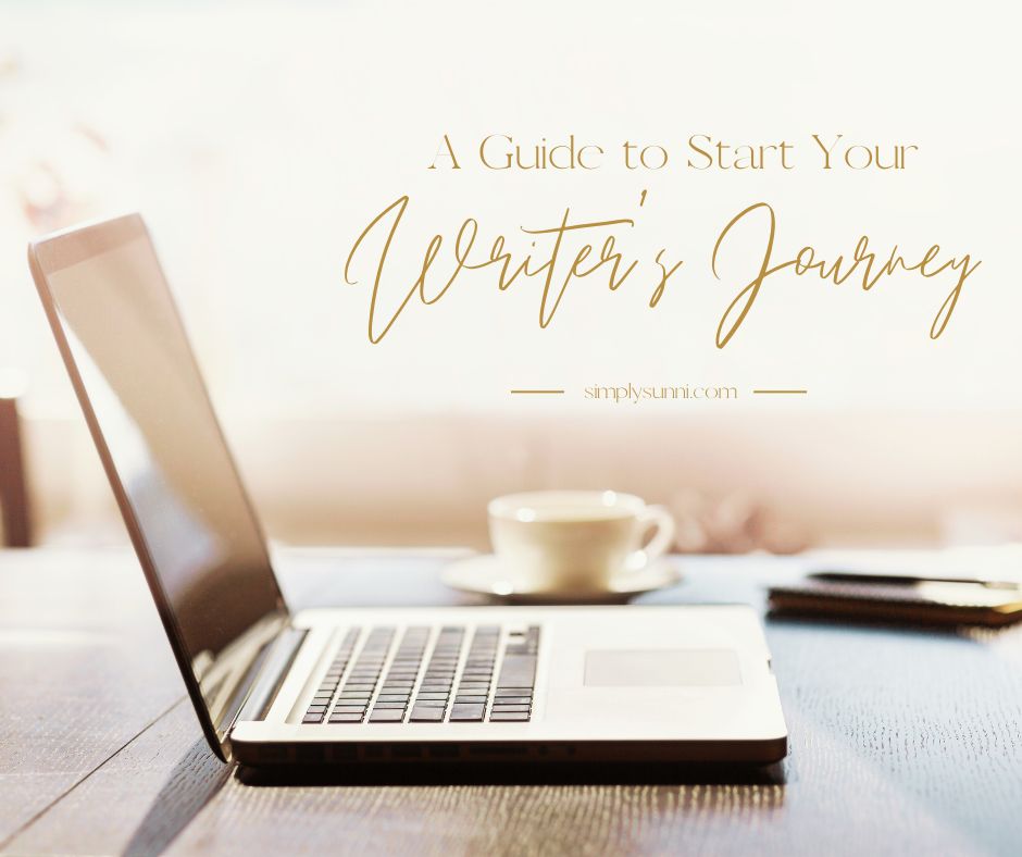 An image of a desk with an open laptop and a coffee cup representing the beginning of the writer's journey.