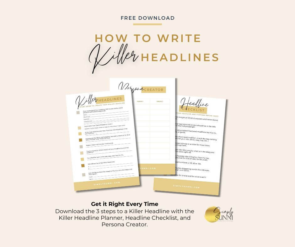 Facebook post image with graphics for how to write a killer headline with free downloadable pages.