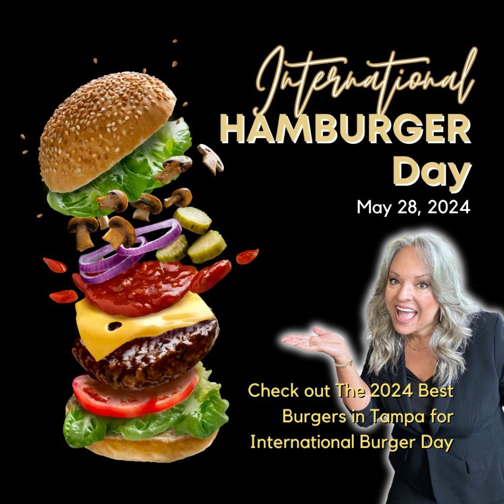Best Burgers in Tampa for International Burger Day 2024 social post image with a burger and Sunni.