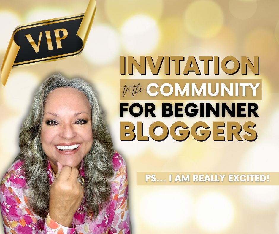 Graphic image of the invitation to the community for beginner bloggers with Sunni smiling.