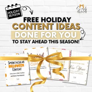 Free Holiday Content Ideas Done for YOU are featured here in this graphic image tied up with a bow.