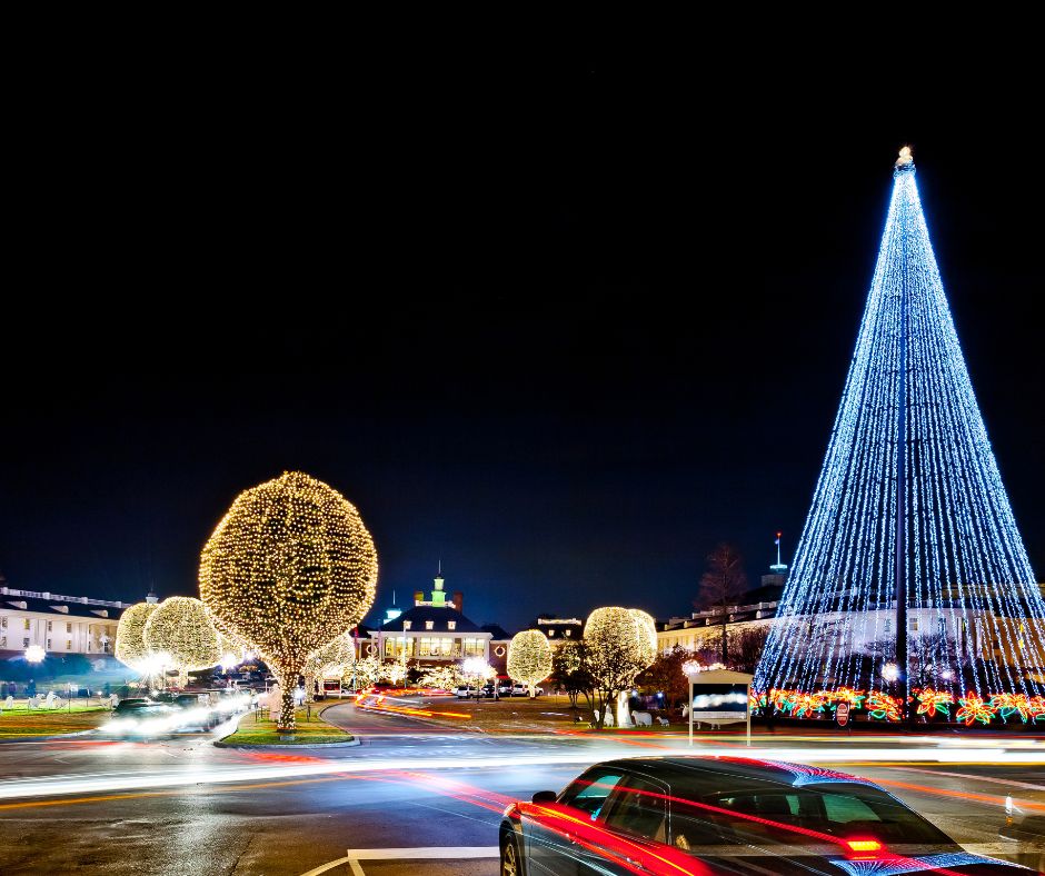 Holiday traffic showing the street with Christmas lights in a nearby park.