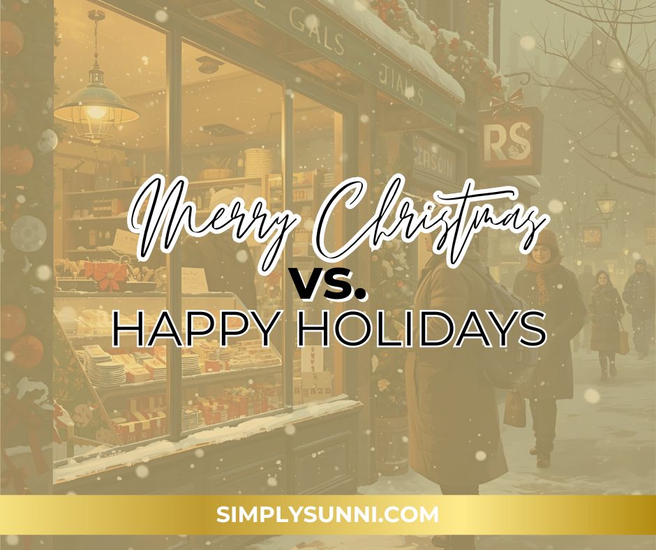 A store front in the snow where the owner asks Merry Christmas vs. Happy Holidays.