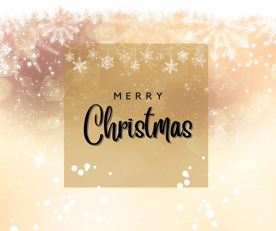 Merry Christms simple image for the featured graphic for Simply Sunni with a gold and snowflake background.