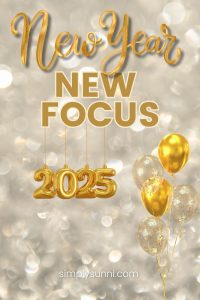 New Year New Foucs Pinterest Pin image of gold balloons and glitter.