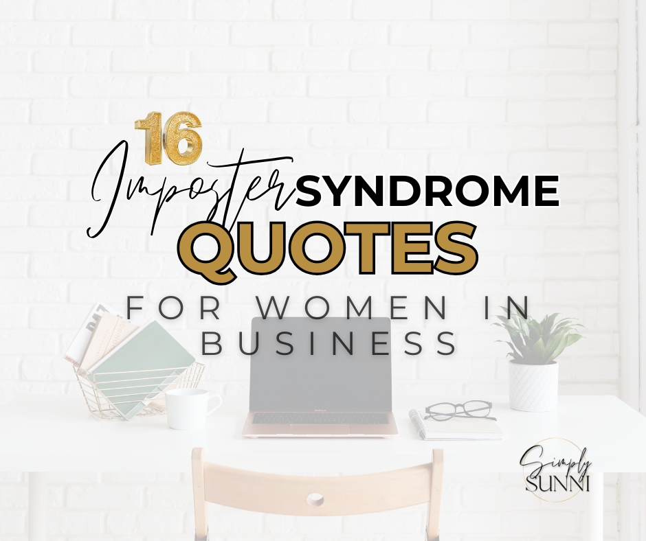 16 Imposter Syndrome Quotes for Women in Business featured image graphic of a desk and white brick wall.
