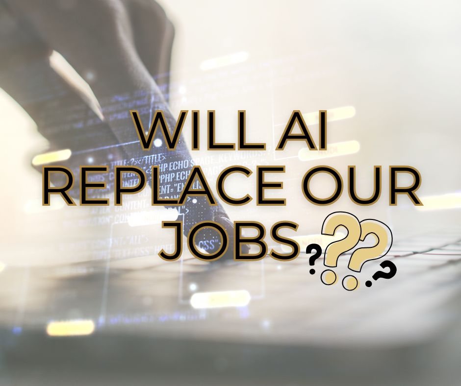 A technical image with a human hand that asks the question, will ai replace our jobs?