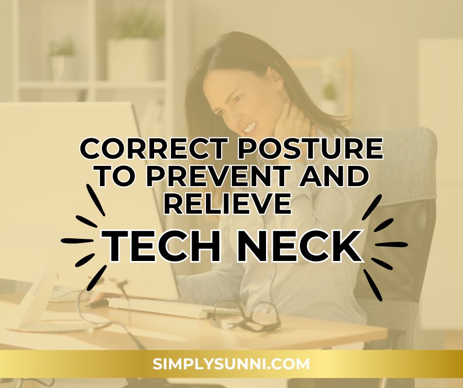 A woman at her desk holding her neck in pain for the blog post on Tech Neck Correct Posture.