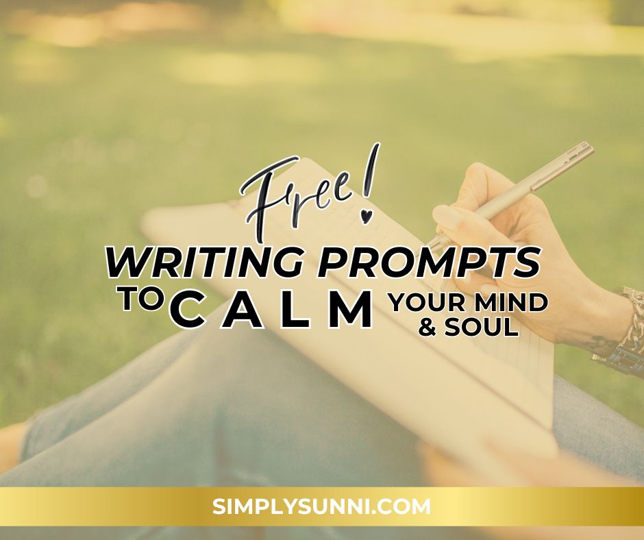 Free writing prompts to calm your mind and soul branded image of a woman writing in a park.