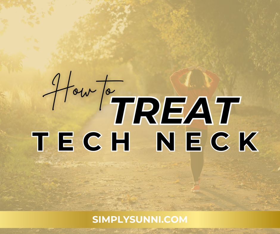 Branded image for How to Treat Tech Neck with a woman walking and stretching.