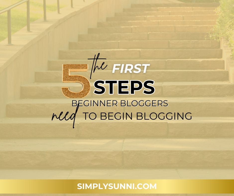 Graphic with cheerful text “First Steps for Beginner Bloggers” in Simply Sunni branding colors. Designed to encourage new bloggers to take their first steps with confidence.