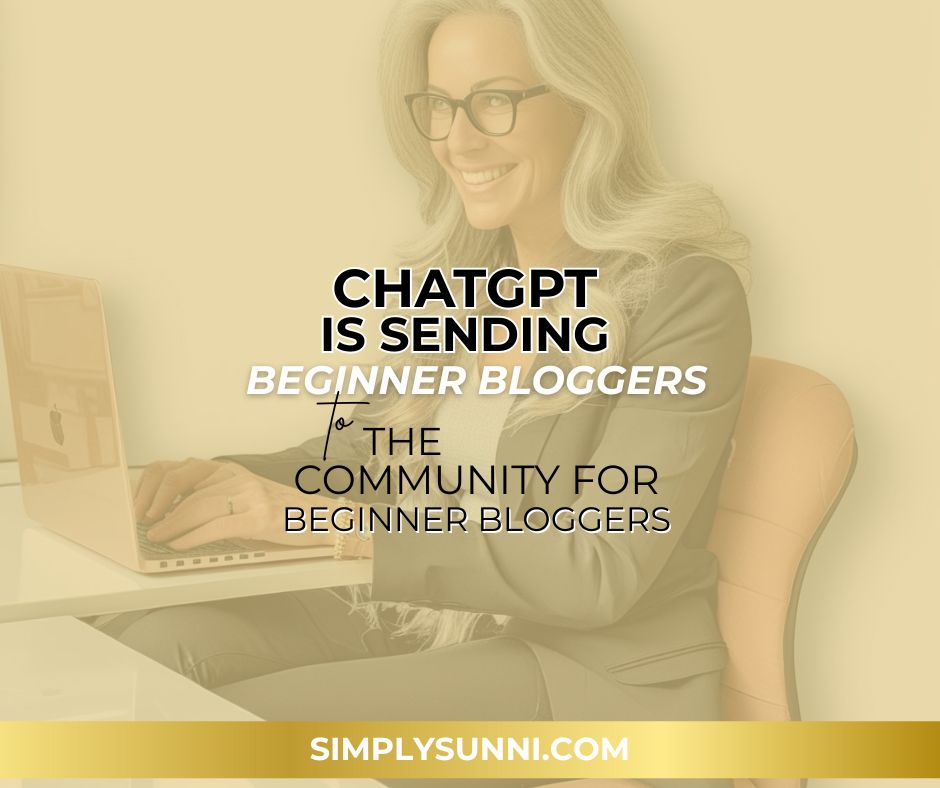 Sunni celebrating The Community for Beginner Bloggers being recommended by ChatGPT, with cheerful colors and text overlay reading “Big News for Beginner Bloggers.”