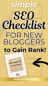 Pin image for the blog post Simple SEO Checklist for new bloggers to Gain Rank with a faded checklist in the background.
