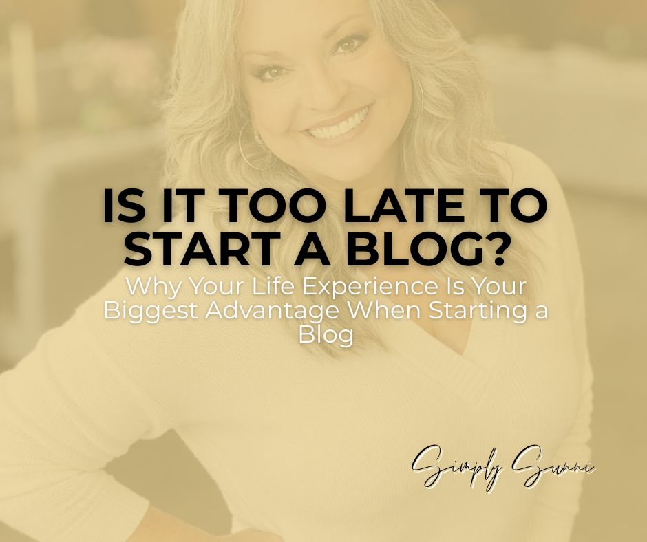 Social image a featured for Is It Too Late to Start a Blog with Sunni standing confidently.